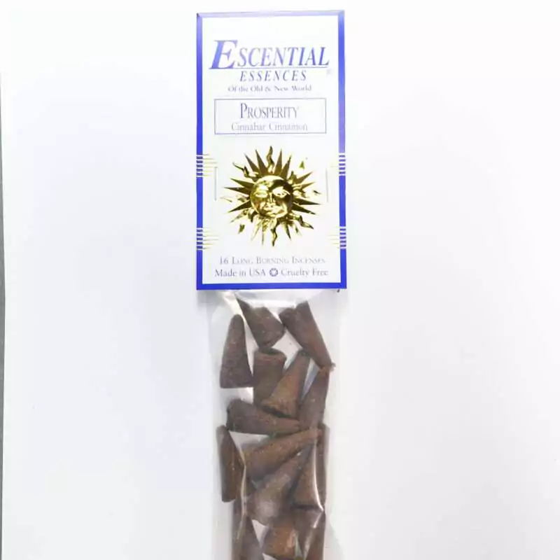 16pk-Prosperity-escential-essences-incense-cones-ICMPRO Prosperity Escential Essences incense cones 16-pack by Auric Blends — abundance-drawing prosperity blend packaging on white background.