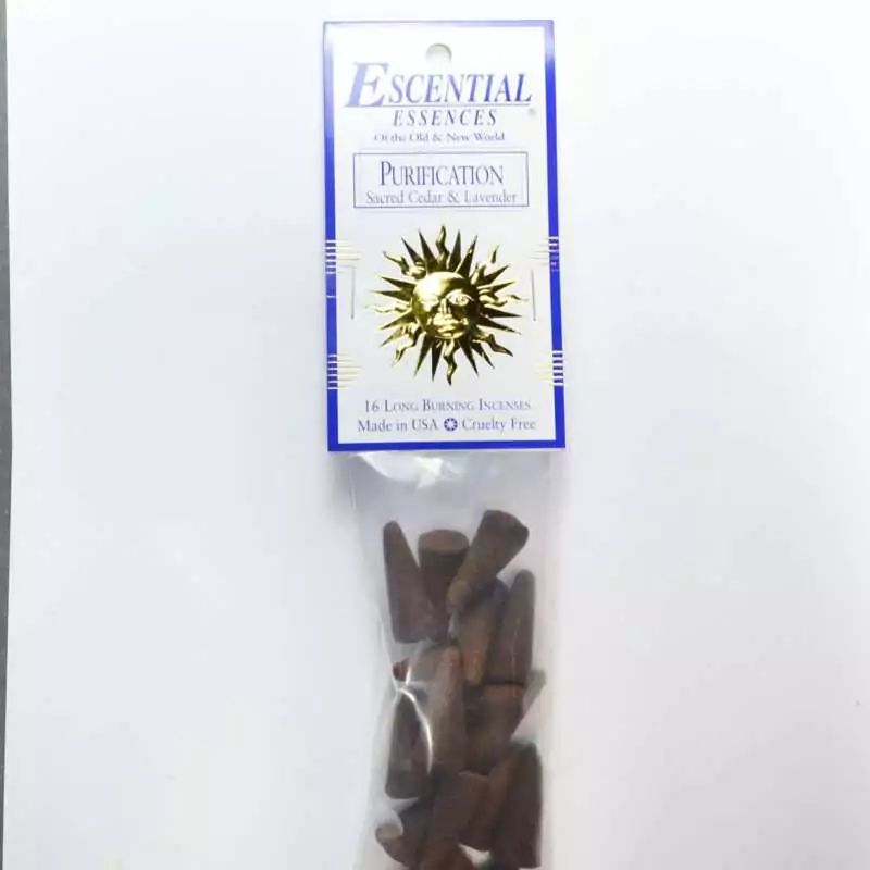 16pk-Purification-escential-essences-incense-cones-ICMPUR Purification Escential Essences incense cones 16-pack by Auric Blends — cedar lavender cleansing blend packaging on white background.