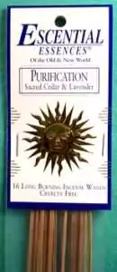 Purification Escential Essences incense sticks 16-pack by Auric Blends — clean cedar-lavender label packaging on white background.
