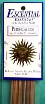 Purification Escential Essences incense sticks 16-pack by Auric Blends — clean cedar-lavender label packaging on white background.