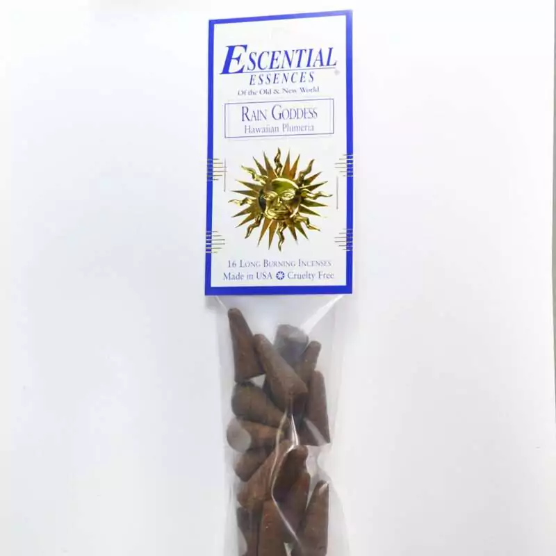 Rain Goddess Escential Essences incense cones 16-pack by Auric Blends — fresh aquatic goddess packaging on white background.