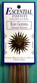 Rain Goddess Escential Essences incense sticks 16-pack by Auric Blends — fresh aquatic-themed packaging on white background.