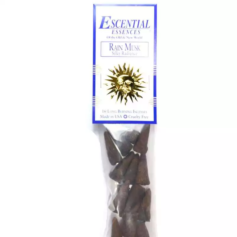 16pk-Rain-Musk-escential-essences-incense-cones-ICMRAIM Rain Musk Escential Essences incense cones 16-pack by Auric Blends — petrichor grounding scent packaging on white background.