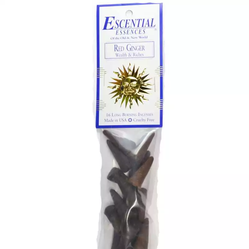 16pk-Red-Ginger-escential-essences-incense-cones-ICMREDG Red Ginger Escential Essences incense cones 16-pack by Auric Blends — spicy fire element packaging on white background.