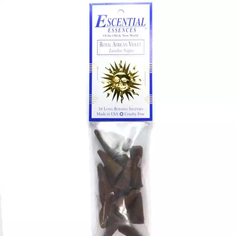 16pk-Royal-African-Violet-escential-essences-incense-cones-ICMROYAV Royal African Violet Escential Essences incense cones 16-pack by Auric Blends — delicate violet floral packaging on white background.