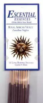 Royal African Violet Escential Essences incense sticks 16-pack by Auric Blends — violet-toned regal packaging on white background.
