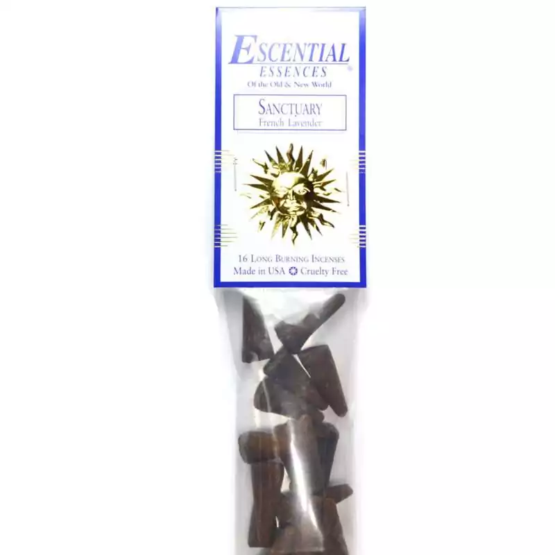 16pk-Sanctuary-escential-essences-incense-cones-ICMSANC Sanctuary Escential Essences incense cones 16-pack by Auric Blends — French lavender sacred space packaging on white background.
