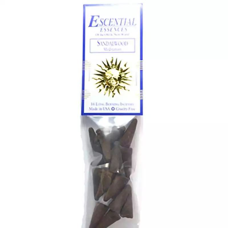 16pk-Sandalwood-escential-essences-incense-cones-ICMSND Sandalwood Escential Essences incense cones 16-pack by Auric Blends — classic warm wood packaging on white background.