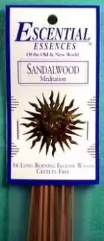Package of sandalwood incense sticks, a 16-count pack with a gold sun on a teal and white label.