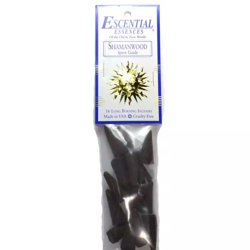 16pk-Shamanwood-escential-essences-incense-cones-ICMSHA Shamanwood Escential Essences incense cones 16-pack by Auric Blends — earthy sacred wood packaging on white background.