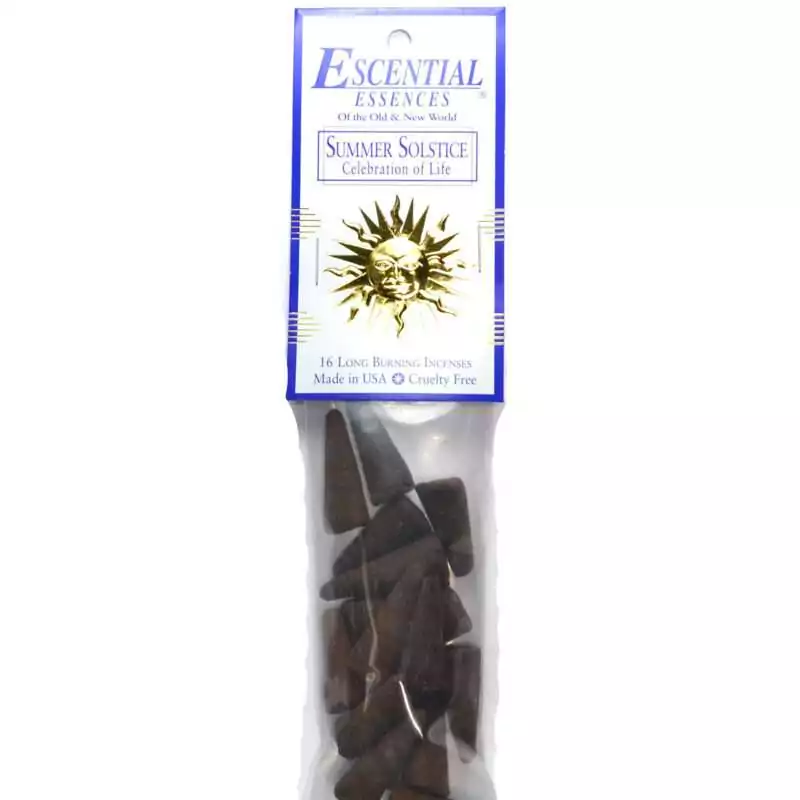 Summer Solstice Escential Essences incense cones 16-pack by Auric Blends — bright solar Litha packaging on white background.