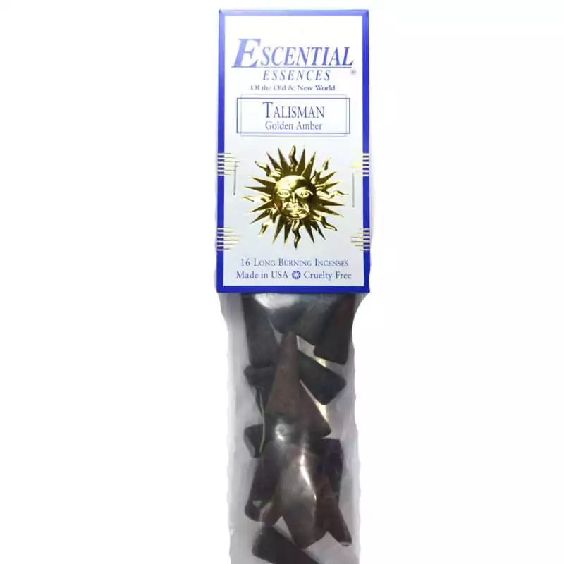 16pk-Talisman-escential-essences-incense-cones-ICMTAL Talisman Escential Essences incense cones 16-pack by Auric Blends — warm amber resin packaging on white background.