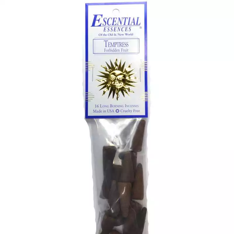 16pk-Temptress-escential-essences-incense-cones-ICMTEM Temptress Escential Essences incense cones 16-pack by Auric Blends — seductive dark packaging on white background.