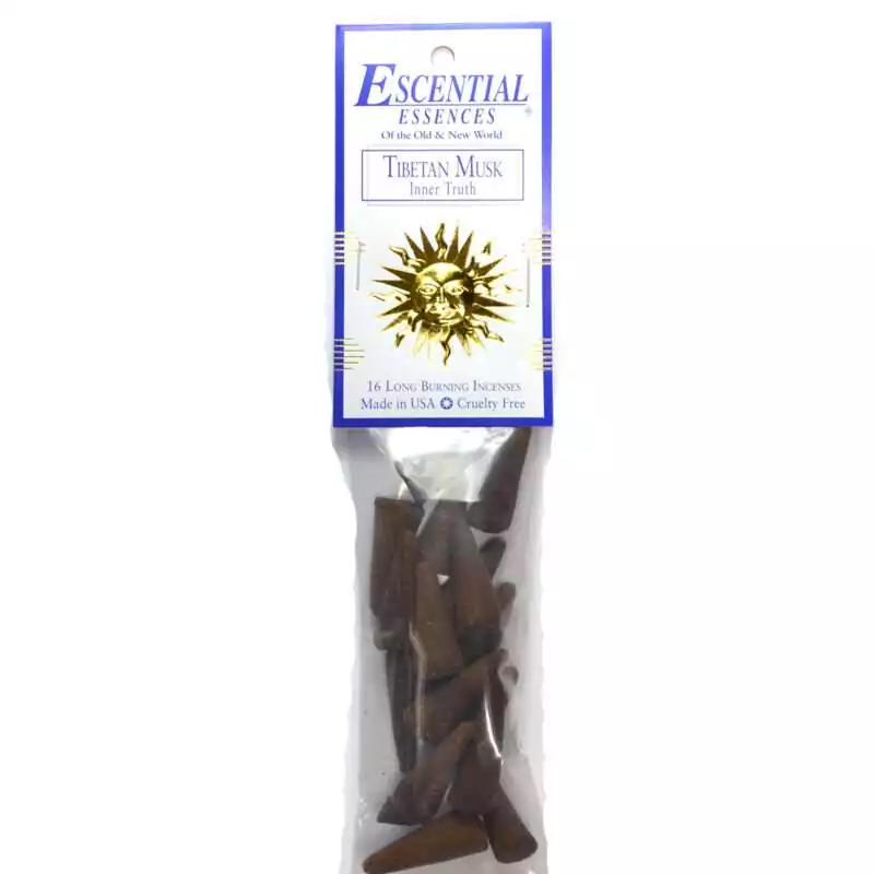 Tibetan Musk Escential Essences incense cones 16-pack by Auric Blends — earthy musk packaging on white background.