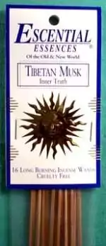 Tibetan Musk Escential Essences incense sticks 16-pack by Auric Blends — earthy-labeled packaging on white background.