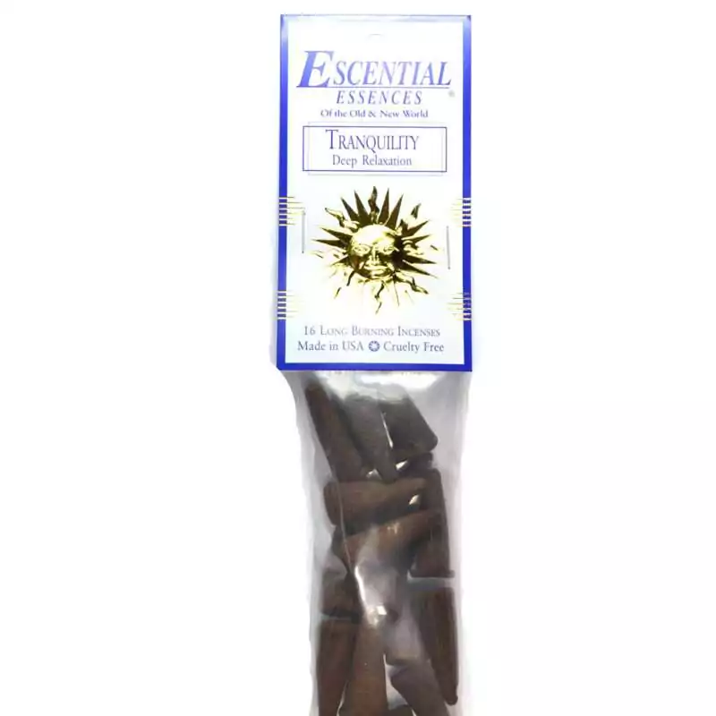 16pk-Tranquility-escential-essences-incense-cones-ICMTRA Tranquility Escential Essences incense cones 16-pack by Auric Blends — calming botanical packaging on white background.