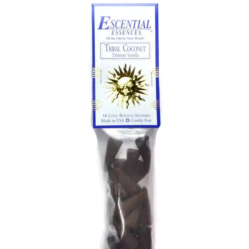 Tribal Coconut Escential Essences incense cones 16-pack by Auric Blends — tropical coconut packaging on white background.