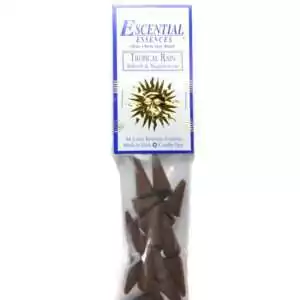 Tropical Rain Escential Essences incense cones 16-pack by Auric Blends — fresh aquatic rain packaging on white background.