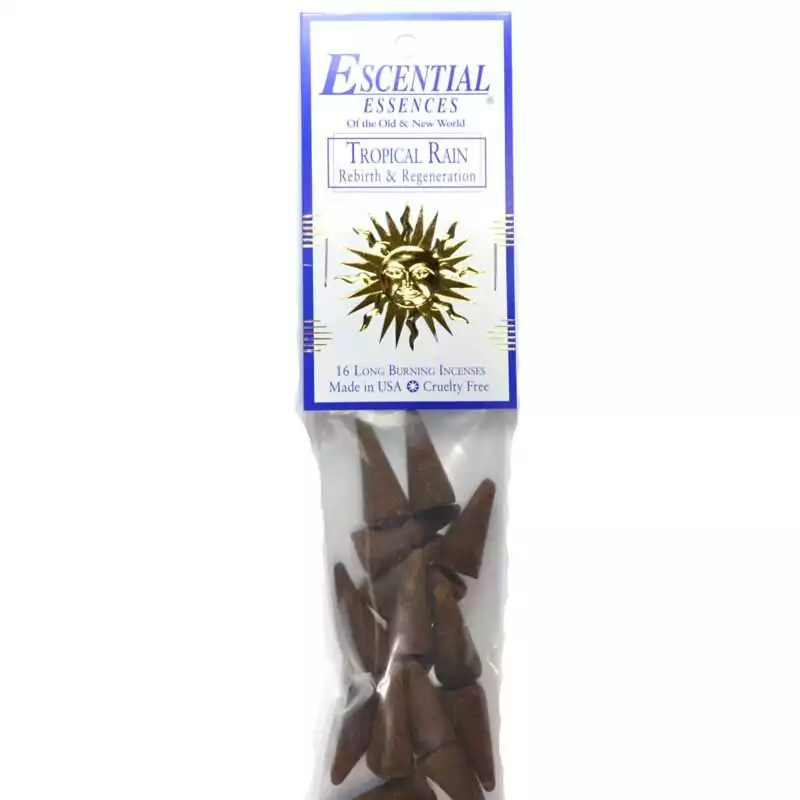 Tropical Rain Escential Essences incense cones 16-pack by Auric Blends — fresh aquatic rain packaging on white background.