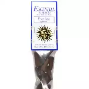Venus Rose Escential Essences incense cones 16-pack by Auric Blends — romantic rose packaging on white background.