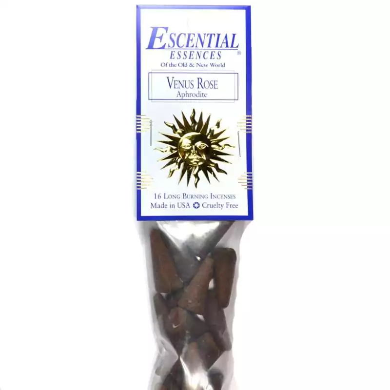 16pk-Venus-Rose-escential-essences-incense-cones-ICMVENR Venus Rose Escential Essences incense cones 16-pack by Auric Blends — romantic rose packaging on white background.