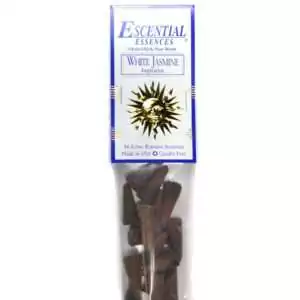 White Jasmine Escential Essences incense cones 16-pack by Auric Blends — floral jasmine packaging on white background.