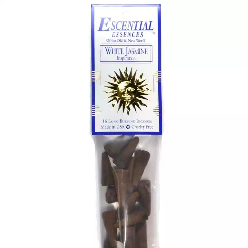 16pk-White-Jasmine-escential-essences-incense-cones-ICMWHIJ White Jasmine Escential Essences incense cones 16-pack by Auric Blends — floral jasmine packaging on white background.
