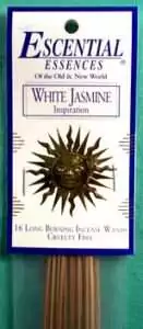 White Jasmine Escential Essences incense sticks 16-pack by Auric Blends — floral label packaging on white background.
