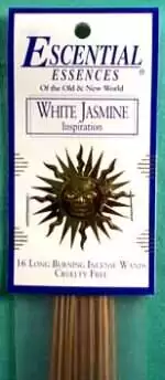 White Jasmine Escential Essences incense sticks 16-pack by Auric Blends — floral label packaging on white background.