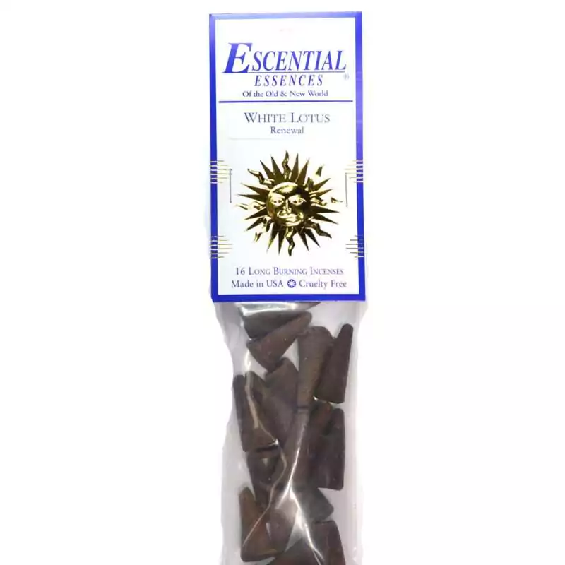 White Lotus Escential Essences incense cones 16-pack by Auric Blends — lotus-themed packaging on white background.