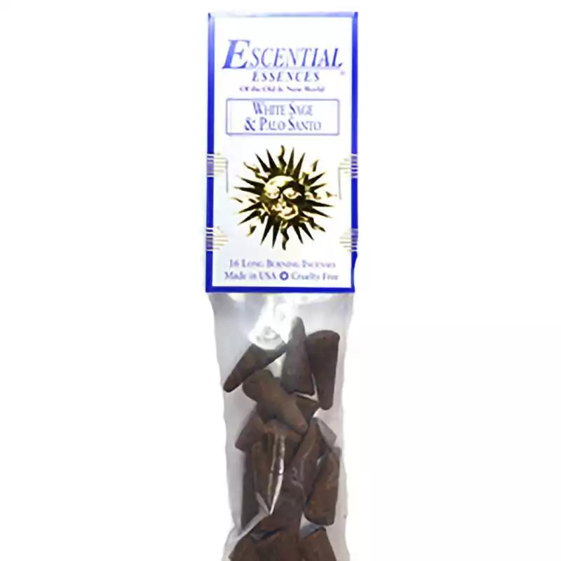 16pk-White-Sage-Palo-Santo-escential-essences-incense-cones-ICMWSPS White Sage and Palo Santo Escential Essences incense cones 16-pack by Auric Blends — dual cleansing packaging on white background.
