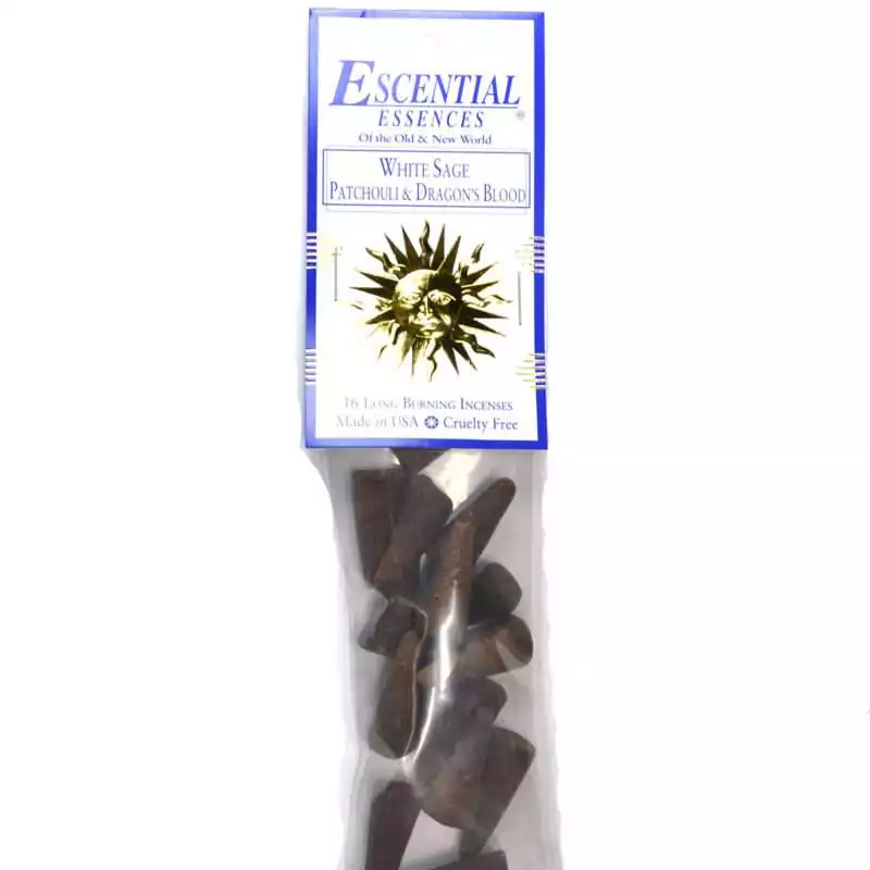 16pk-White-Sage-PatchouliDragonaposs-Blood-escential-essences-incense-cones-ICMWPD White Sage Patchouli Dragon's Blood Escential Essences incense cones 16-pack by Auric Blends — triple-power packaging on white background.