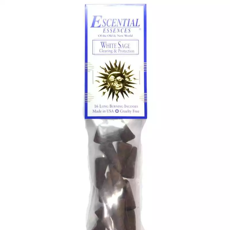 White Sage Escential Essences incense cones 16-pack by Auric Blends — clean white and green packaging on white background.
