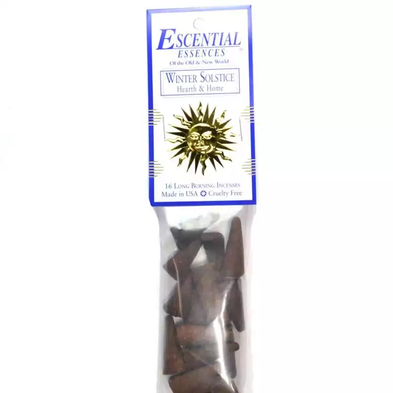 16pk-Winter-Solstice-escential-essences-incense-cones-ICMWINS Winter Solstice Escential Essences incense cones 16-pack by Auric Blends — seasonal Yule packaging on white background.