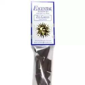 Zen Garden Escential Essences incense cones 16-pack by Auric Blends — serene zen-themed packaging on white background.