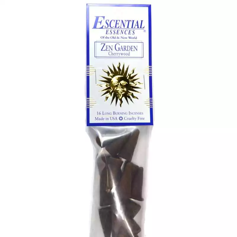 16pk-Zen-Garden-escential-essences-incense-cones-ICMZENG Zen Garden Escential Essences incense cones 16-pack by Auric Blends — serene zen-themed packaging on white background.