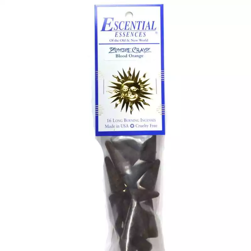 16pk-Zombie-Crayz-escential-essences-incense-cones-ICMZOMC Zombie Crayz Escential Essences incense cones 16-pack by Auric Blends — dark gothic packaging on white background.