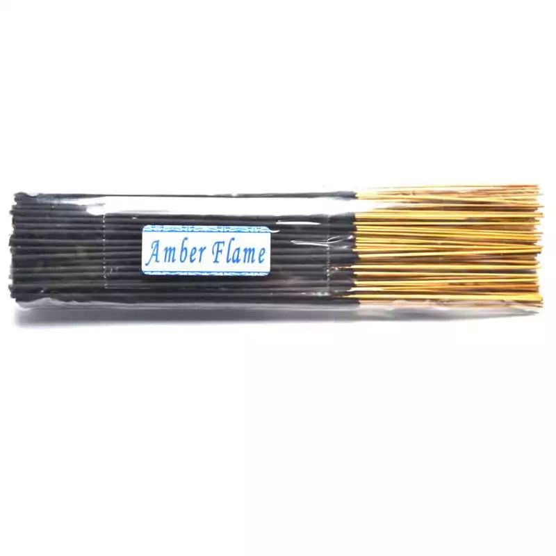 95-100pk-Amber-Flame-escential-essences-incense-sticks-ISBMAMBF Amber Flame Escential Essences incense sticks bulk 95-100 pack by Auric Blends — large quantity warm amber packaging on white background.