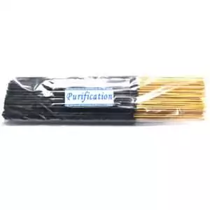 Purification Escential Essences incense sticks bulk 95-100 pack by Auric Blends — large quantity cedar-lavender packaging on white background.