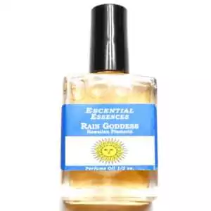 Rain Goddess fragrance oil half oz — clear glass bottle with blue sun label reading Rain Goddess from Escential Essences, contains pale yellow perfume oil.