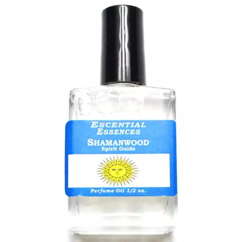 12oz-Shamanwood-escential-essences-oil-OMSHA Shamanwood fragrance oil half oz — clear glass bottle with black cap, Escential Essences Shamanwood Spirit Guide label with sun graphic.