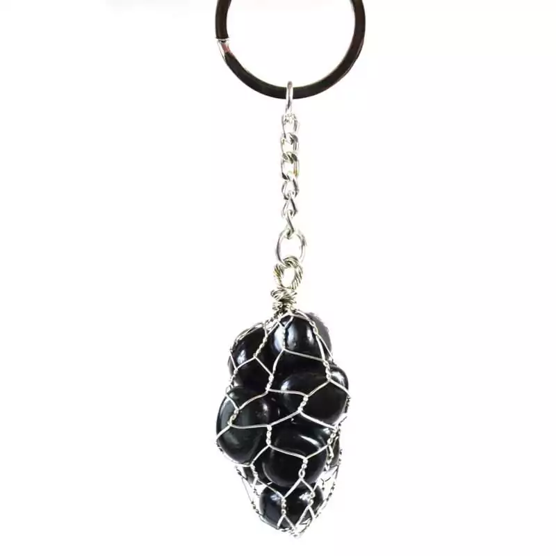 Back-Obsidian-wire-bag-keychain-JK022 Black obsidian wire bag keychain — natural black obsidian pine-cone shaped crystal in silver wire mesh with keychain ring for portable protection.
