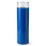 Blue 7-day glass jar ritual candle for peace and clarity — showing full candle with label on plain background.