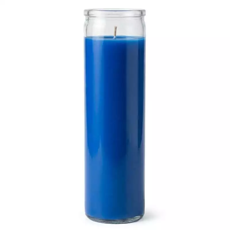 Blue-7-day-jar-candle-CBJ7BL_Z_1 Blue 7-day glass jar ritual candle for peace and clarity — showing full candle with label on plain background.
