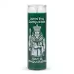 John the Conqueror green glass jar ritual candle for money drawing and luck in the hoodoo tradition — front label view.