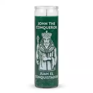 John the Conqueror green glass jar ritual candle for money drawing and luck in the hoodoo tradition — front label view.