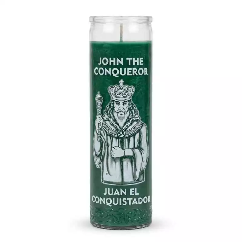 John the Conqueror green glass jar ritual candle for money drawing and luck in the hoodoo tradition — front label view.