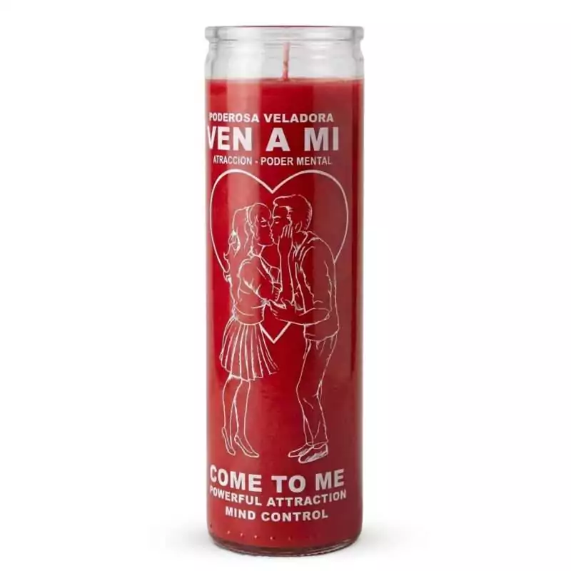 Come-To-Me-Red-jar-candle-CJCOMTM_Z_1 Come To Me red glass jar ritual candle for love drawing and attraction in the hoodoo tradition — front label view.