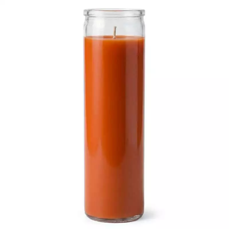 Orange 7-day glass jar ritual candle for creativity and success — showing full candle with label on plain background.