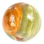 Polished green onyx sphere with banded orange and green stone.